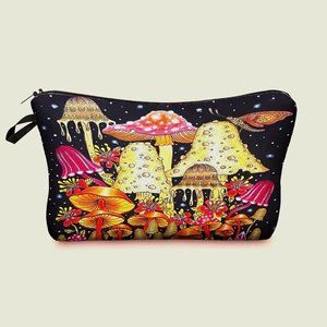 Mushroom Cosmetic Bag Forest Makeuo Pouch Travel Black Light Wonderland Trippy